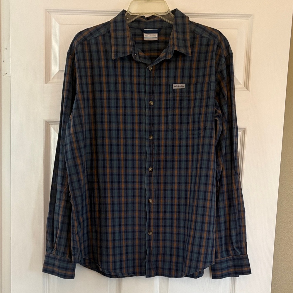 Columbia Men's Navy and Brown Plaid Long Sleeve Shirt